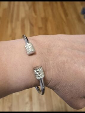 Sainless Steel Open Cuff Bracelet with Pave Crystal End Caps - Silver